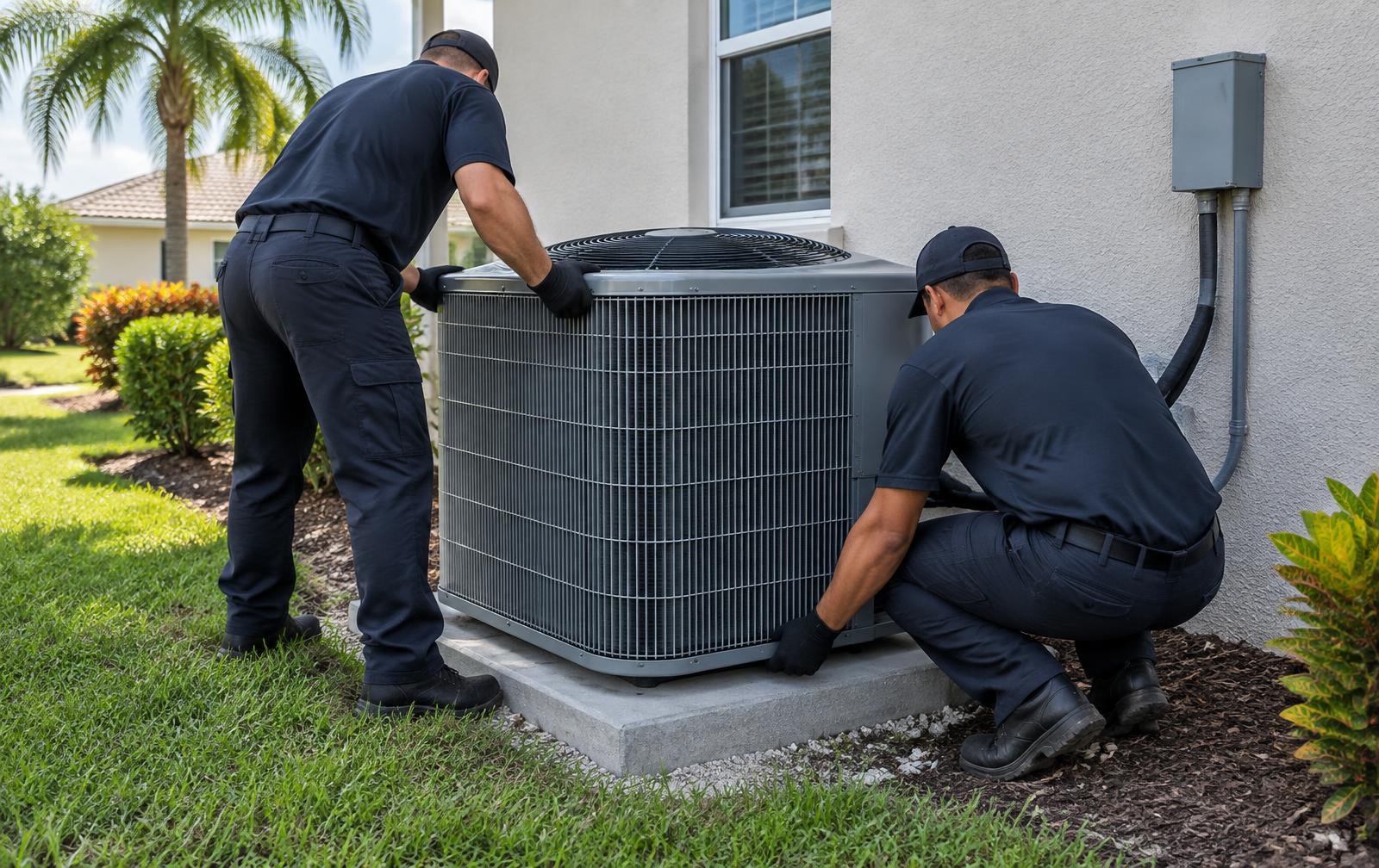 Two technicians setting a new air conditioning condenser unit on a pad outside a South Florida home