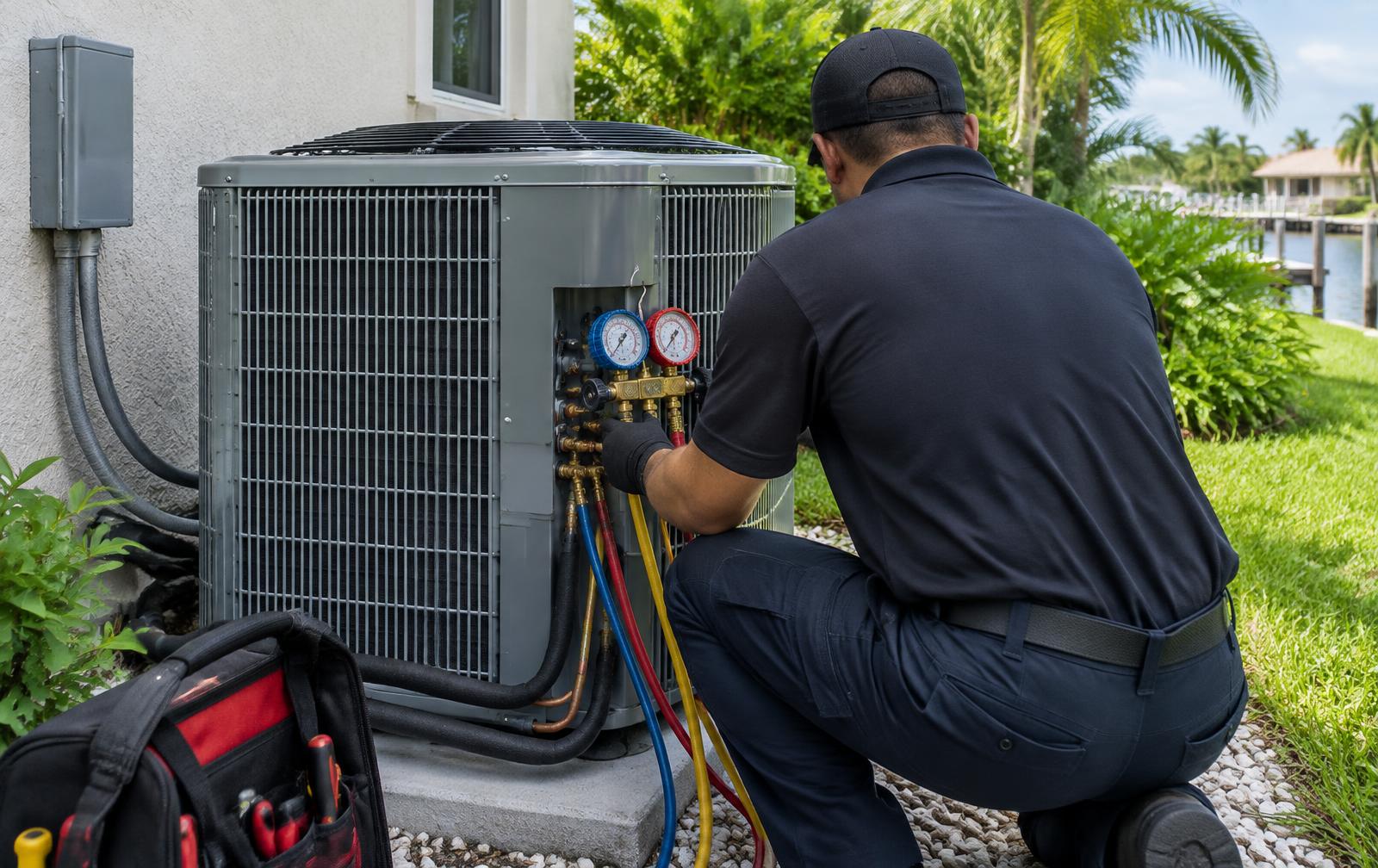 HVAC technician checking refrigerant pressures on an outdoor AC condenser at a Boca Raton home